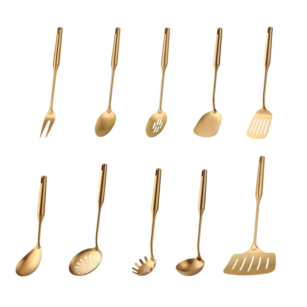 1-10PCS Stainless Steel CookwarLong Handle Set Gold Cooking Utensils Scoop Spoon Turner Ladle Cooking Tools Kitchen Utensils Set