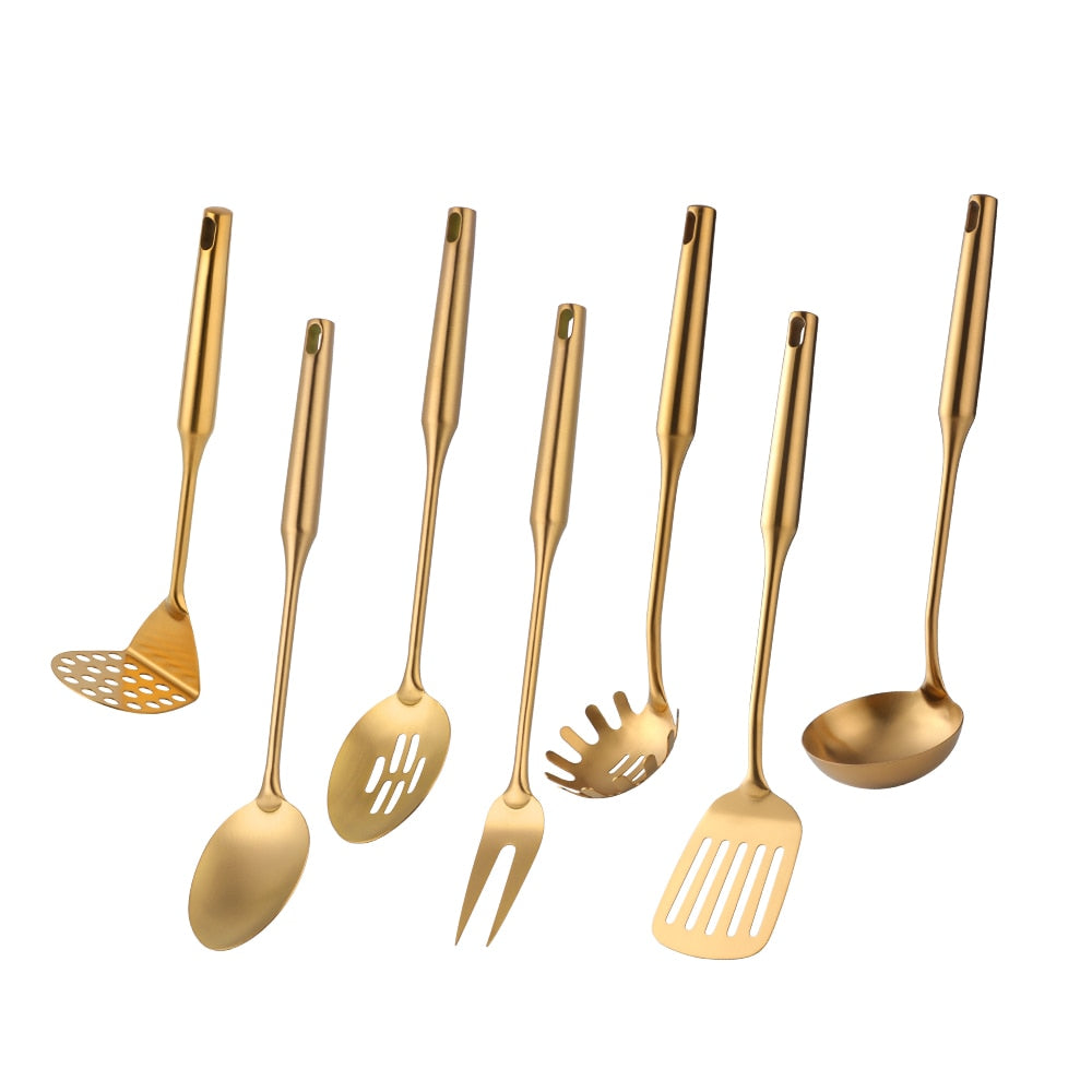 1-10PCS Stainless Steel CookwarLong Handle Set Gold Cooking Utensils Scoop Spoon Turner Ladle Cooking Tools Kitchen Utensils Set